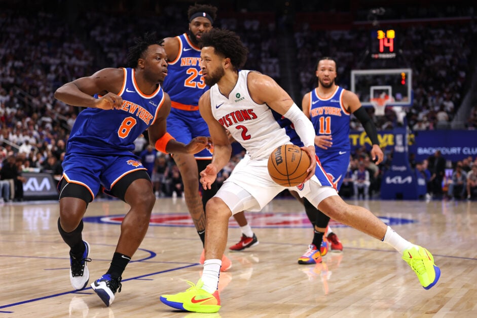 Detroit Pistons guard Cade Cunningham dribbles against Knicks forward OG Anunoby