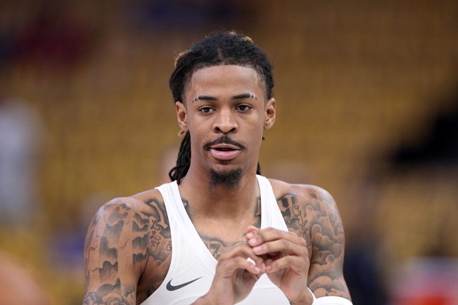 Memphis Grizzlies' Ja Morant joins his hands during warmups against the Oklahoma City Thunder in the NBA Playoffs.
