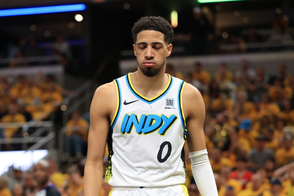#0 of the Indiana Pacers, Tyrese Haliburton reacts during a game against the Milwaukee Bucks in the 2025 NBA Playoffs.
