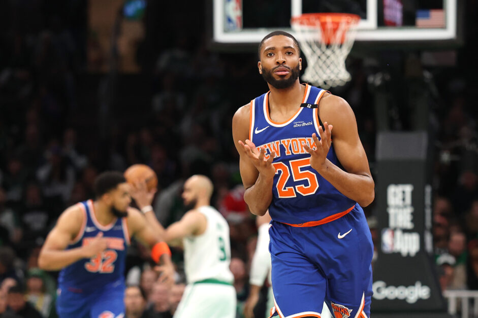 Mikal Bridges celebrates after making a three-pointer against the Boston Celtics