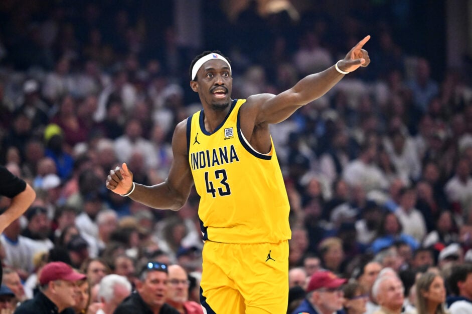 #43 of the Indiana Pacers, Pascal Siakam extends his hands to make his point clear.