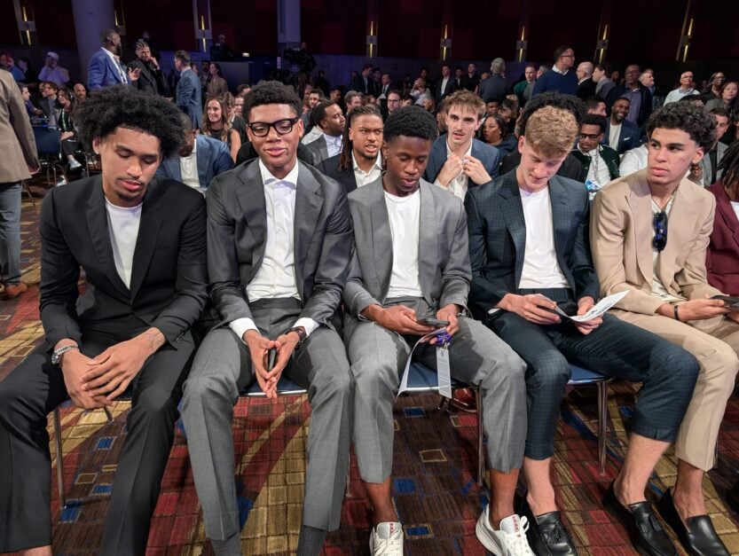 Dylan Harper, Ace Bailey, VJ Edgecombe, and Kasparas Jakučionis at the NBA Draft Lottery in Chicago