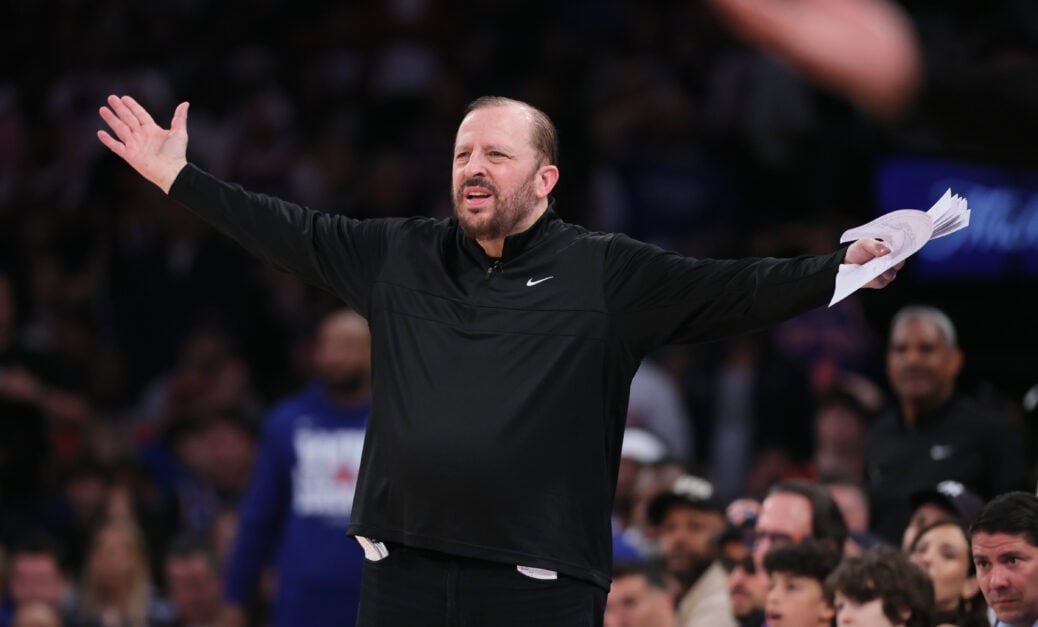 New York Knicks Head Coach Tom Thibodeau frustratedly makes hand gestures.