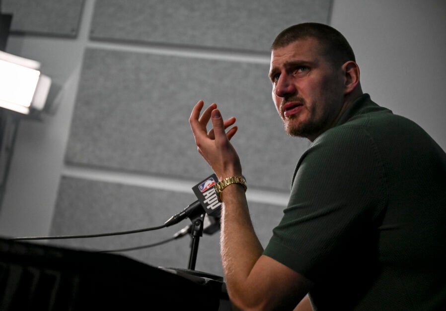 Nikola Jokic (15) of the Denver Nuggets speaks to members of the media after the Oklahoma City Thunder's 125-93 win at Paycom Center in Oklahoma City on Sunday, May 18, 2025.