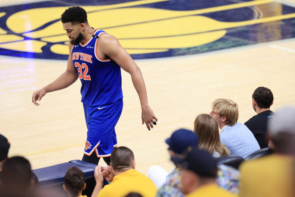 #32 of the New York Knicks, Karl-Anthony Towns walking away during Game 6 of the Eastern Conference Finals against the Indiana Pacers.
