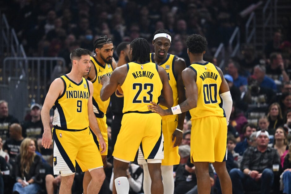 T.J. McConnell #9, Obi Toppin, #1 Aaron Nesmith, #23 Pascal Siakam #43 and Bennedict Mathurin #00 of the Indiana Pacers huddle during the second quarter of game five of the Eastern Conference Semifinals against the Cleveland Cavaliers