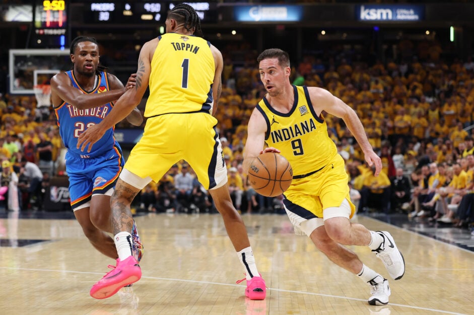 TJ McConnell drives to the basket in Game Three of the 2025 NBA Finals