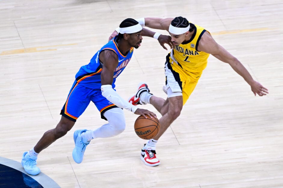 Andrew Nembhard (R) of Indiana Pacers in action against Shai Gilgeous-Alexander (L) of Thunder during NBA Finals game 6 between Indiana Pacers and Oklahoma City Thunder