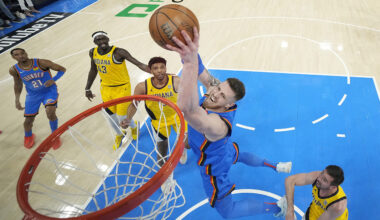 Isaiah Hartenstein 55 of the Oklahoma City Thunder drives to the basket against the Indiana Pacers during the second quarter in Game Seven of the 2025 NBA Finals at Paycom Center on June 22, 2025 in Oklahoma City, Oklahoma.