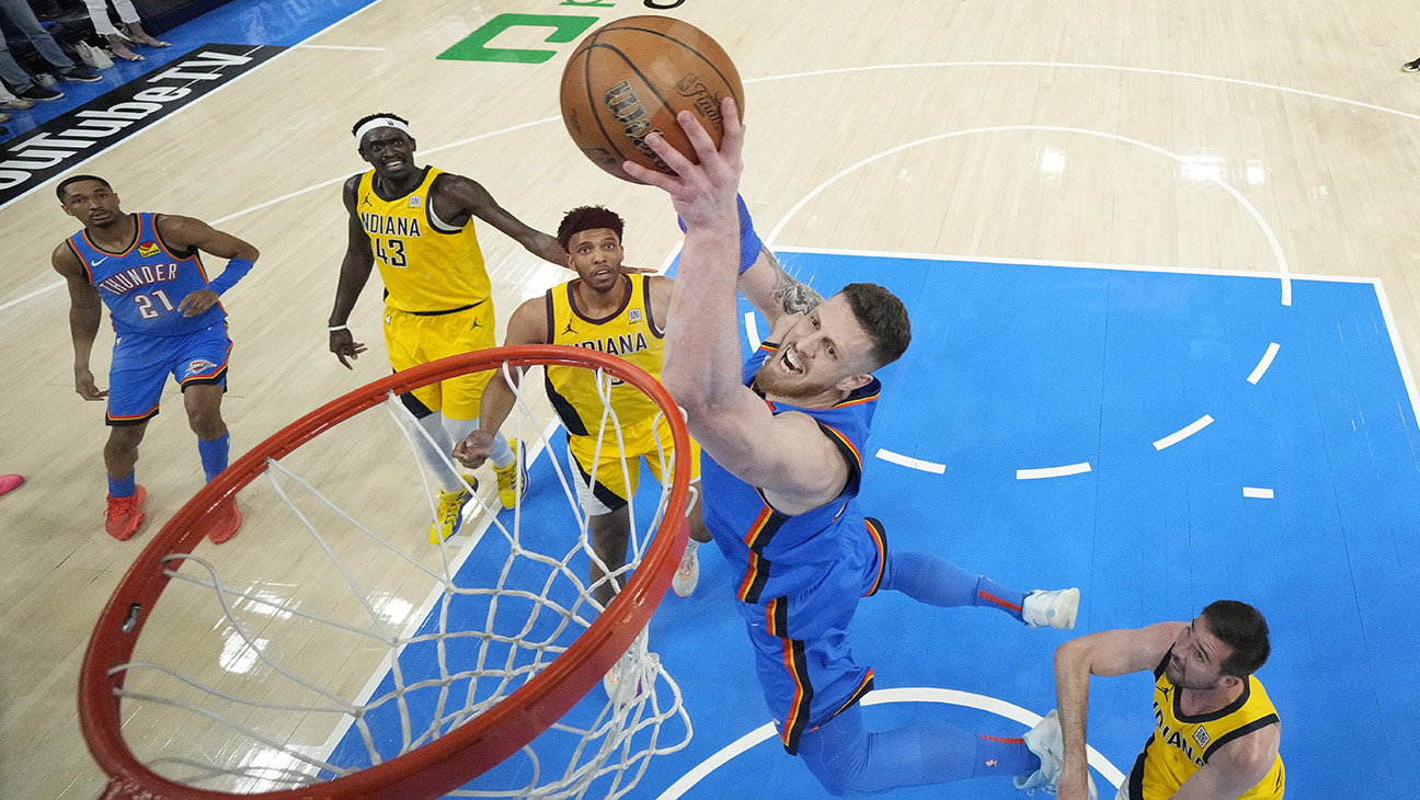 Isaiah Hartenstein 55 of the Oklahoma City Thunder drives to the basket against the Indiana Pacers during the second quarter in Game Seven of the 2025 NBA Finals at Paycom Center on June 22, 2025 in Oklahoma City, Oklahoma.