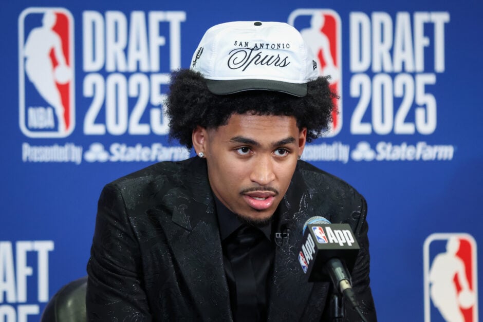 Dylan Harper after getting drafted by the San Antonio Spurs second overall.