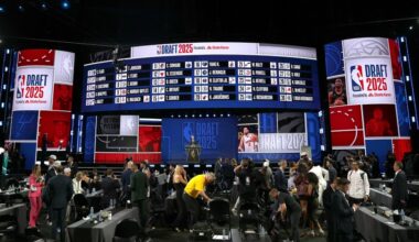 An overall view of the draft board following the first round of the 2025 NBA Draft