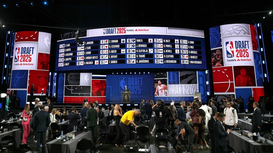 An overall view of the draft board following the first round of the 2025 NBA Draft