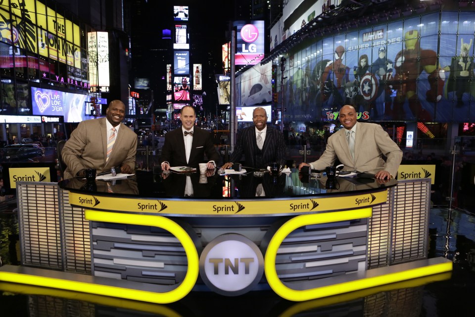 NEW YORK, NY - OCTOBER 28: Ernie Johnson, Charles Barkley, Kenny Smith and Shaquille O'Neal of "Inside the NBA" pose for a picture at the TNT tip off event at Times Square Offices on October 27, 2014 in New York, New York. NOTE TO USER: User expressly acknowledges and agrees that, by downloading and or using this photograph, User is consenting to the terms and conditions of the Getty Images License Agreement. Mandatory Copyright Notice: Copyright 2014 NBAE  (Photo by Steven Freeman/NBAE via Getty Images)