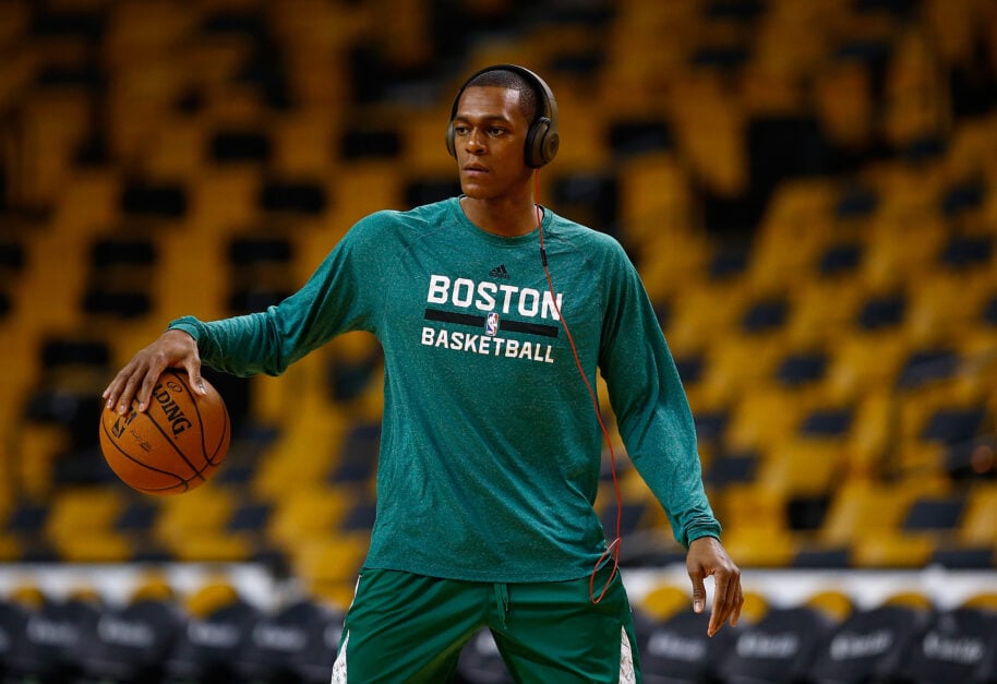 Boston Celtics guard Rajon Rondo warms up before a game
