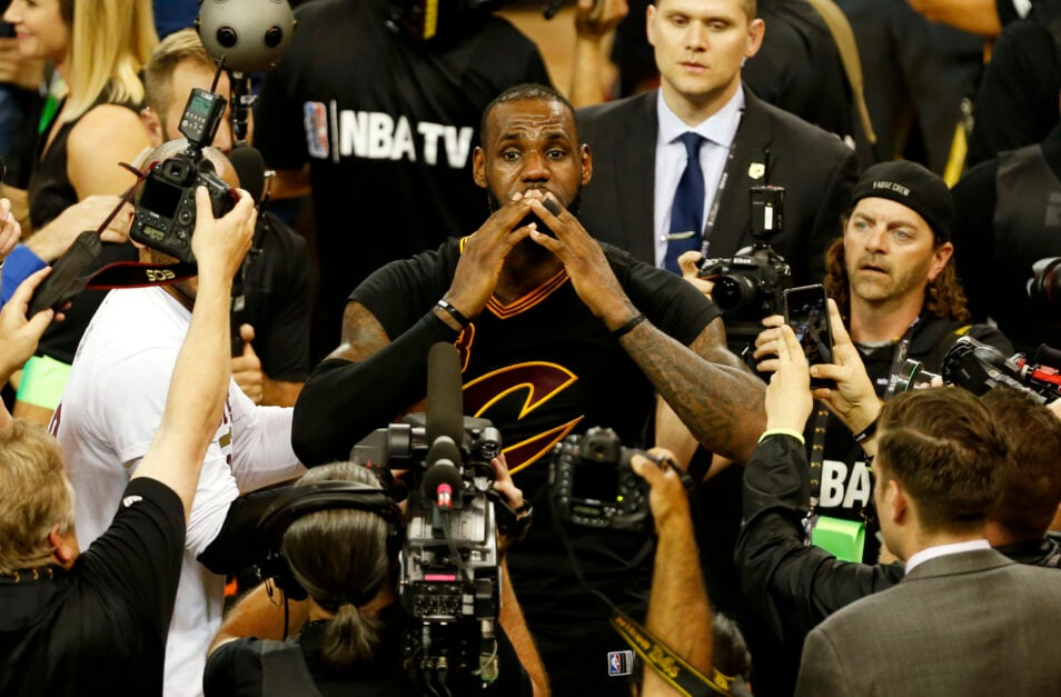 LeBron James gets emotional after the Cleveland Cavaliers complete a 3-1 comeback against the Golden State Warriors in Game 7 of the 2016 NBA Finals.