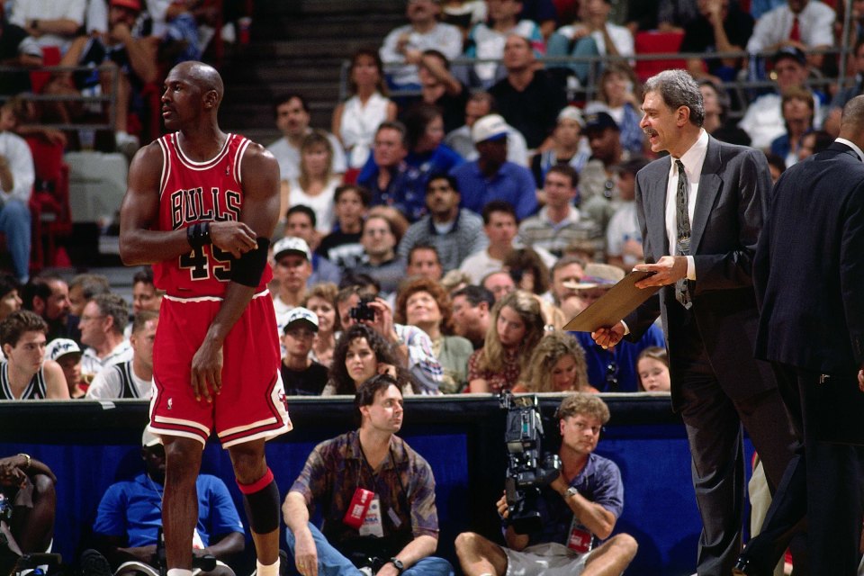 ORLANDO, FL - MAY 7:  Michael Jordan #45 of the Chicago Bulls catches his breath against th Orlando Magic in Game One of the 1995 Easter Conference Semi-Finals at the Orlando Arena on May 7, 1995 in Orlando, Florida.  NOTE TO USER: User expressly acknowledges that, by downloading and or using this photograph, User is consenting to the terms and conditions of the Getty Images License agreement. Mandatory Copyright Notice: Copyright 1995 NBAE (Photo by Barry Gossage/NBAE via Getty Images)