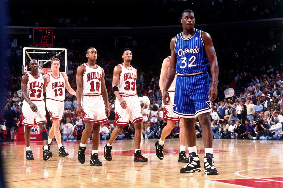 CHICAGO - MAY 12:  Shaquille O'Neal #32 of the Orlando Magic walks up court against the Chicago Bulls during Game Three of the 1995 Easter Conference Semi-Finals at the United Center on May 12, 1995 in Chicago, Illinois.  NOTE TO USER: User expressly acknowledges that, by downloading and or using this photograph, User is consenting to the terms and conditions of the Getty Images License agreement. Mandatory Copyright Notice: Copyright 1995 NBAE (Photo by Barry Gossage/NBAE via Getty Images)