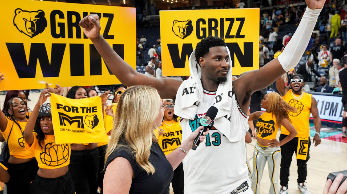Grizzlies' Jaren Jackson Jr. (13) celebrates as he’s interviewed