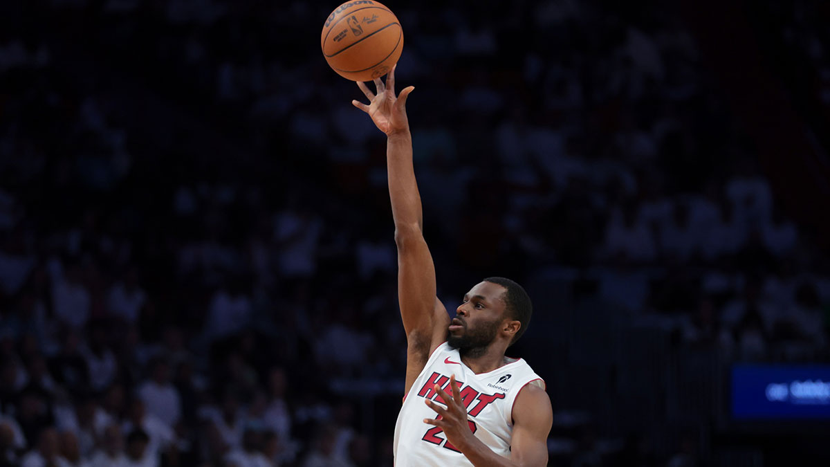 Heat forward Andrew Wiggins (22) shoots the basketball against the Cleveland Cavaliers in the first quarter during game four for the first round of the 2025 NBA Playoffs at Kaseya Center