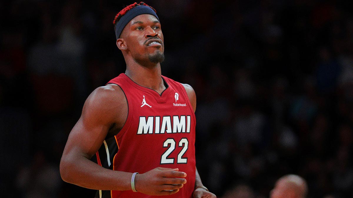 Miami Heat forward Jimmy Butler (22) looks on against the Milwaukee Bucks during the fourth quarter at Kaseya Center. 