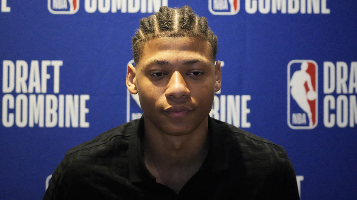 Jeremiah Fears talks to the media during the 2025 NBA Draft Combine at Marriott Marquis Chicago.