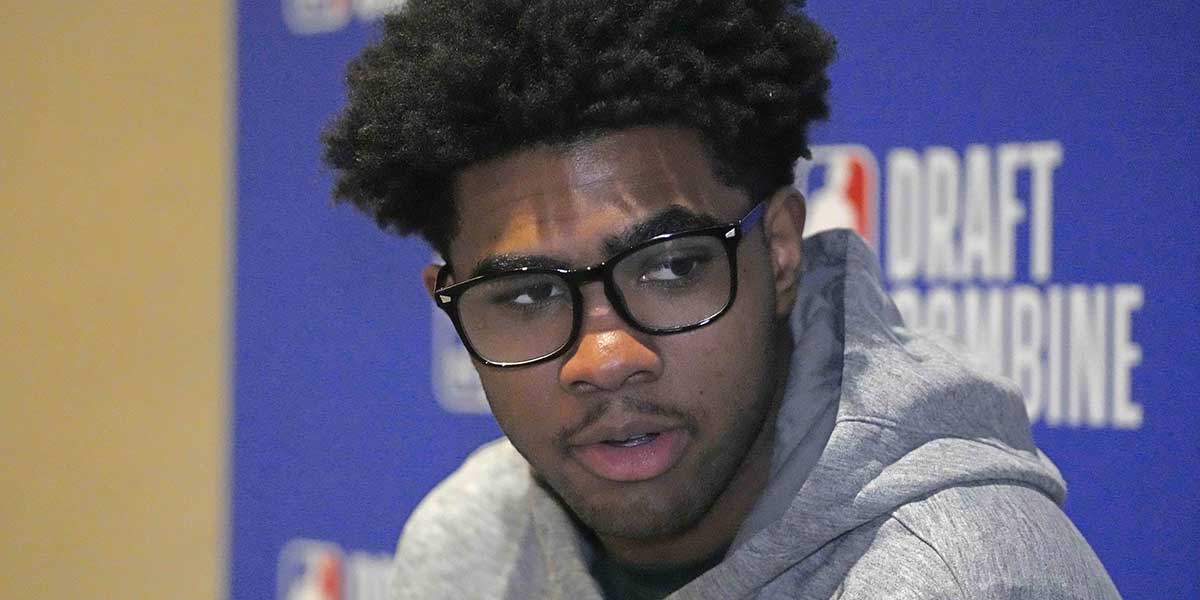 Jase Richardson talks to the media during the 2025 NBA Draft Combine at Marriott Marquis Chicago.