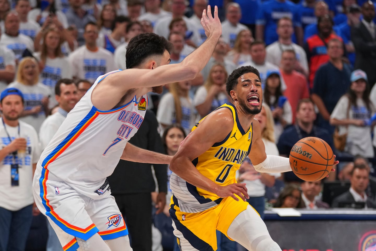 Pacers guard Tyrese Haliburton (right) was clearly hampered with a lower leg injury, scoring just four points and being held without a field goal, during Indiana's Game 5 loss in the NBA Finals.