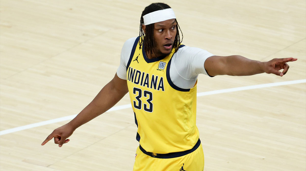 Indiana Pacers center Myles Turner (33) reacts in the first quarter during game six of the 2025 NBA Finals against the Oklahoma City Thunder at Gainbridge Fieldhouse. 