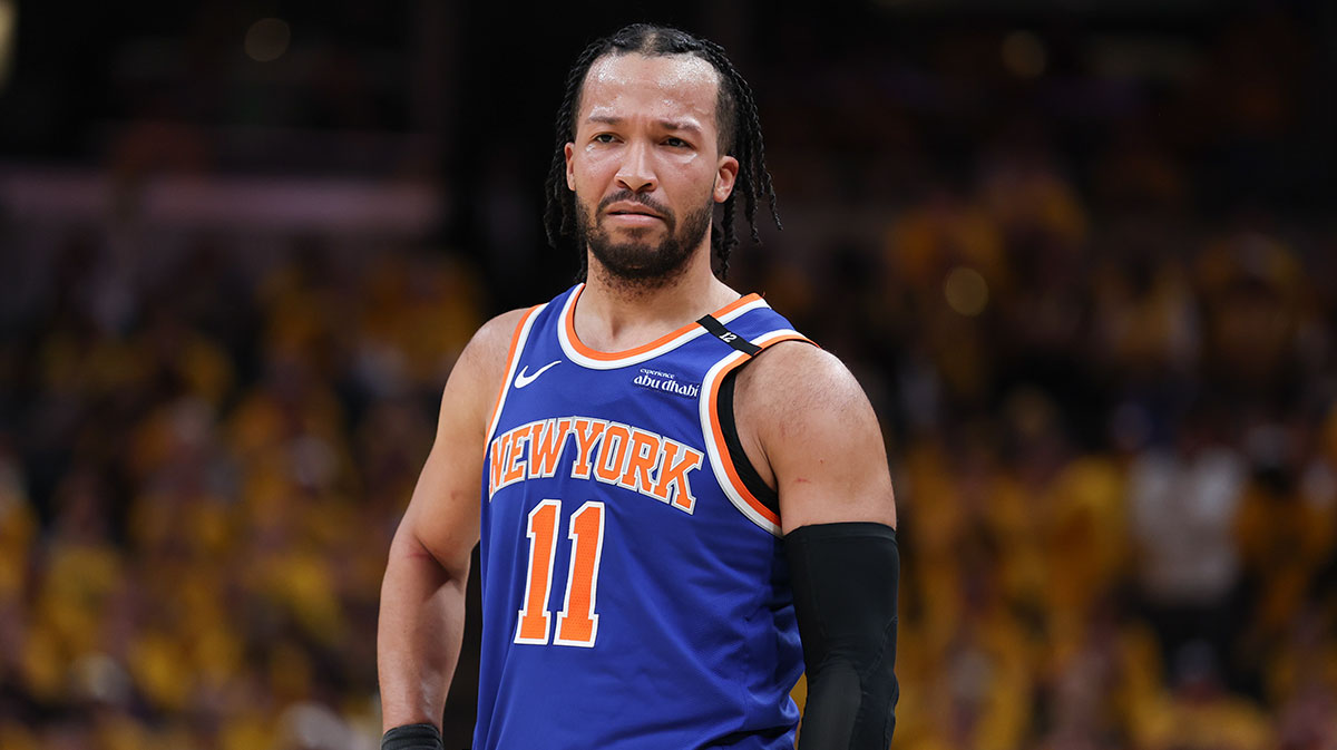 New York Knicks guard Jalen Brunson (11) reacts in the second quarter during game six of the eastern conference finals against the Indiana Pacers for the 2025 NBA Playoffs at Gainbridge Fieldhouse.