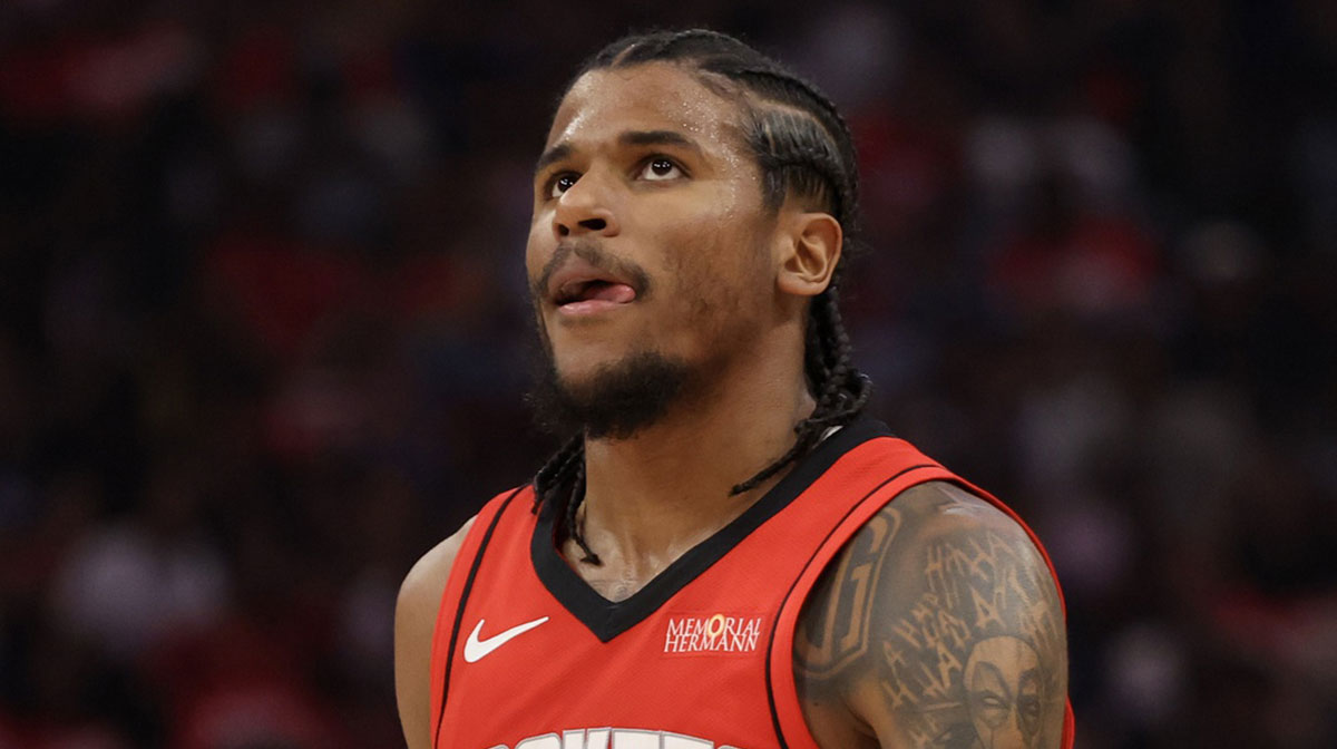 Houston Rockets guard Jalen Green (4) reacts while playing against the Golden State Warriors in the second quarter during game five of first round for the 2025 NBA Playoffs at Toyota Center.