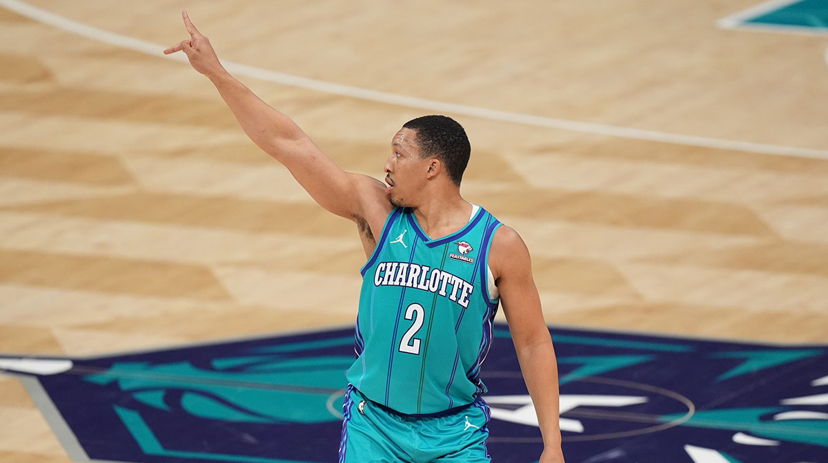 Charlotte Hornets guard James Bouknight (2) after a three point shot during the second quarter against the Memphis Grizzlies at Spectrum Center. 