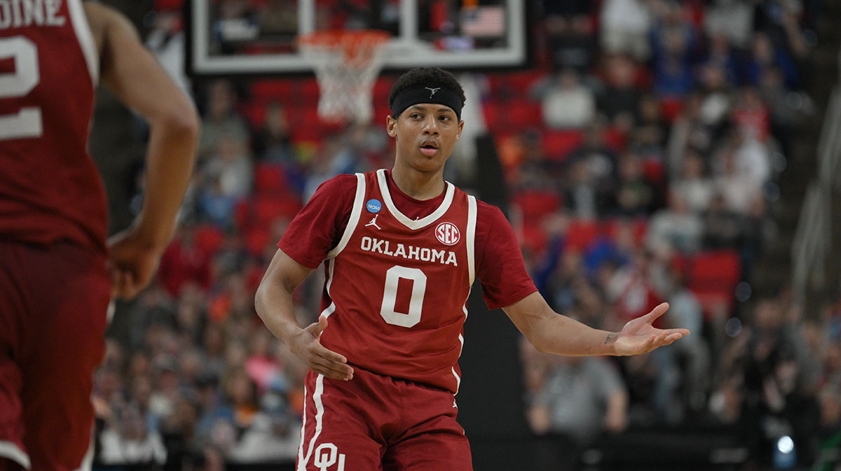 Oklahoma Sooners guard Jeremiah Fears (0) reacts after scoring against Connecticut Huskies during the second half at Lenovo Center.