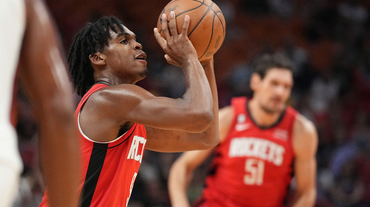 Houston Rockets guard Josh Christopher (9) takes a shot against the Miami Heat in the second half at FTX Arena. 