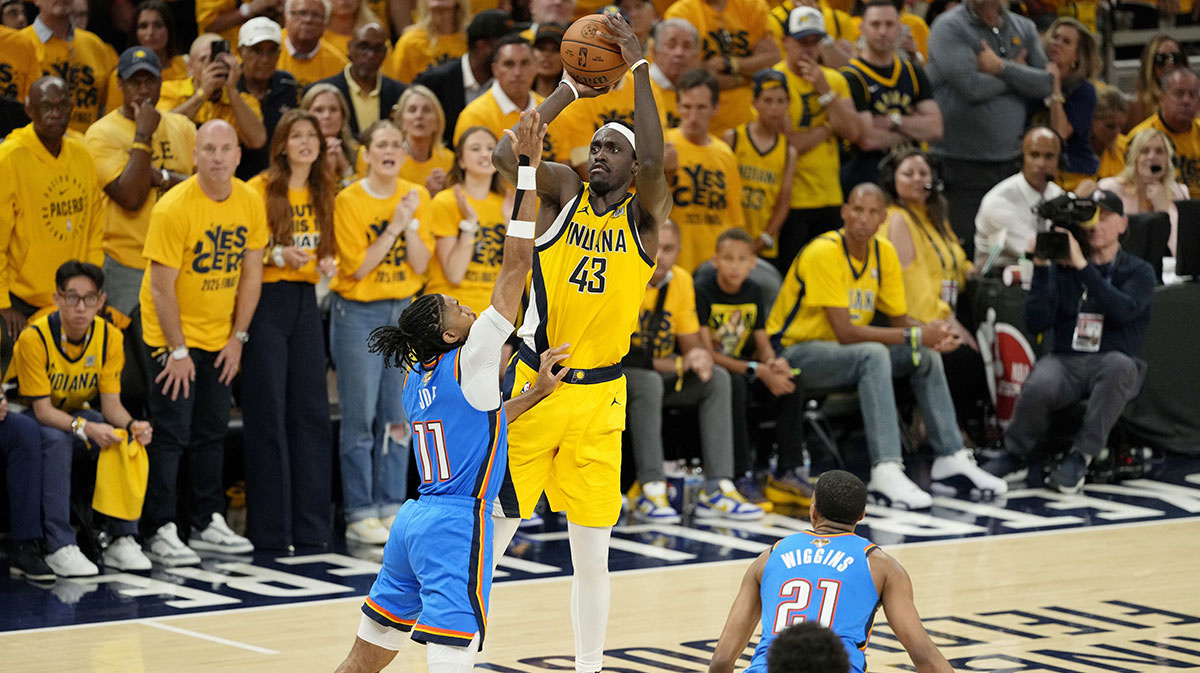 Indiana Pacers forward Pascal Siakam (43) shoots the ball against Oklahoma City Thunder guard Isaiah Joe (11) during the second half of game six of the 2025 NBA Finals between the Oklahoma City Thunder and the Indiana Pacers at Gainbridge Fieldhouse.