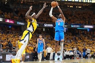Oklahoma City Thunder guard Shai Gilgeous-Alexander (2) shoots over Indiana Pacers forward...