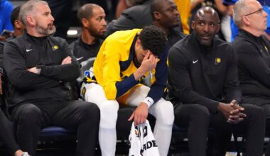 Tyrese Haliburton (center) has only scored 31 points during the first two games of the NBA Finals, but the Pacers head into Game 3 against the Thunder tied at a game apiece.