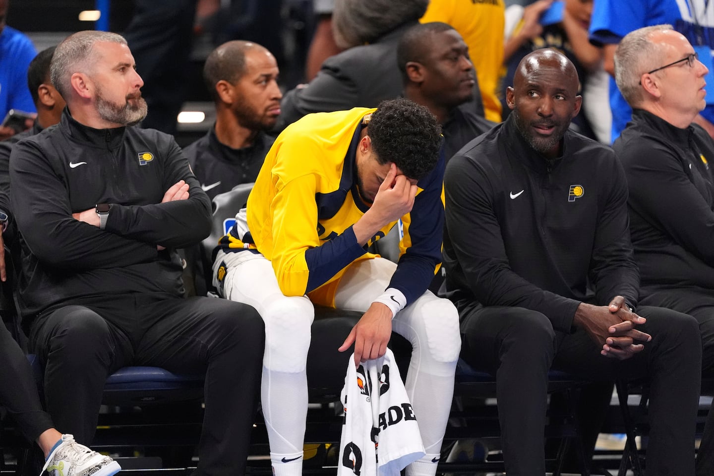 Tyrese Haliburton (center) has only scored 31 points during the first two games of the NBA Finals, but the Pacers head into Game 3 against the Thunder tied at a game apiece.