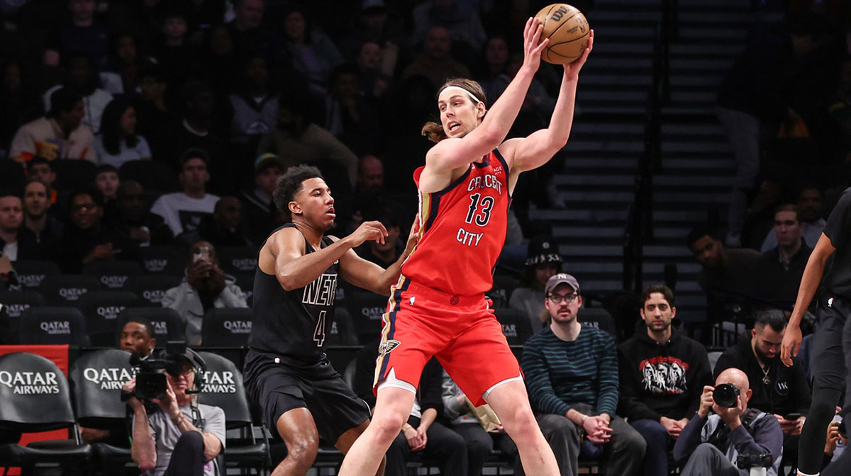 New Orleans Pelicans forward Kelly Olynyk (13) looks to post up against Brooklyn Nets guard Reece Beekman (4) in the first quarter at Barclays Center.