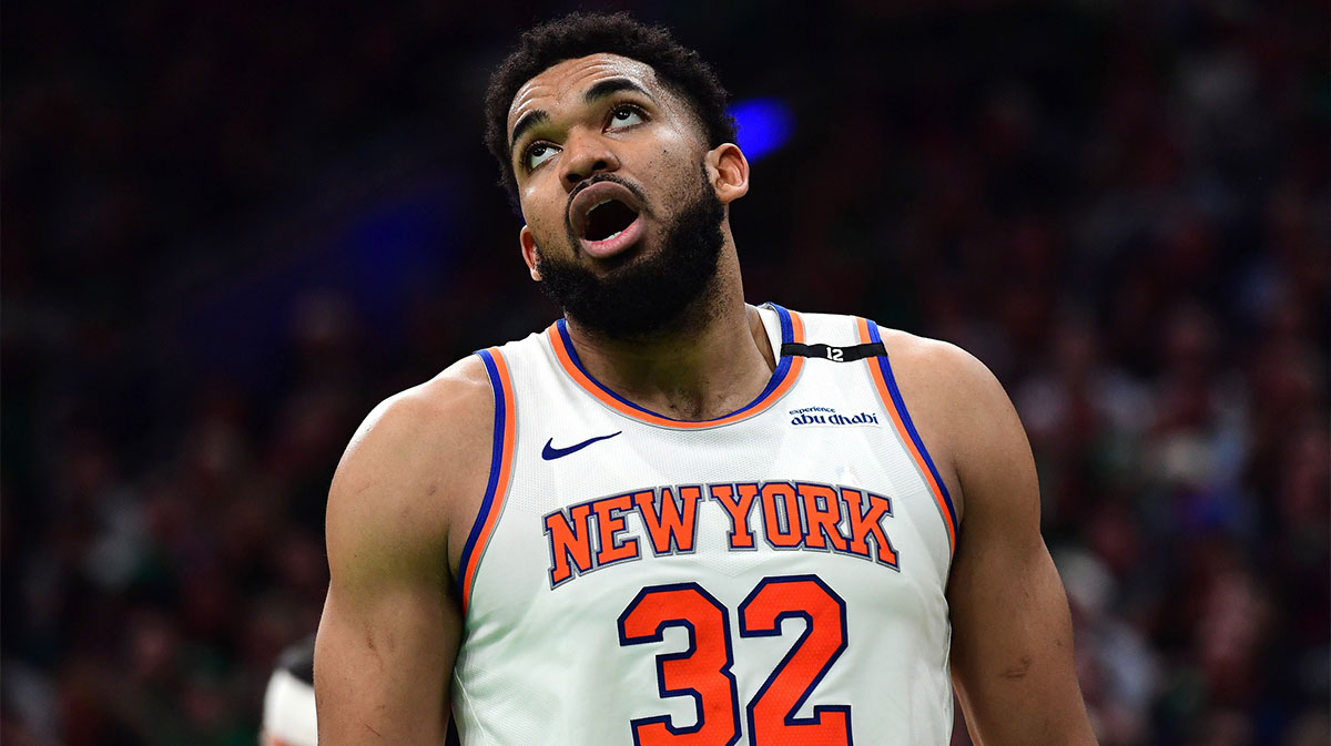 New York Knicks center Karl-Anthony Towns (32) reacts in the second half during game five of the second round for the 2025 NBA Playoffs against the Boston Celtics at TD Garden.
