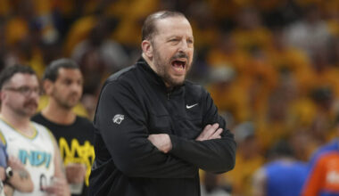 New York Knicks head coach Tom Thibodeau yells from the sideline during the first half of Game 6 of...