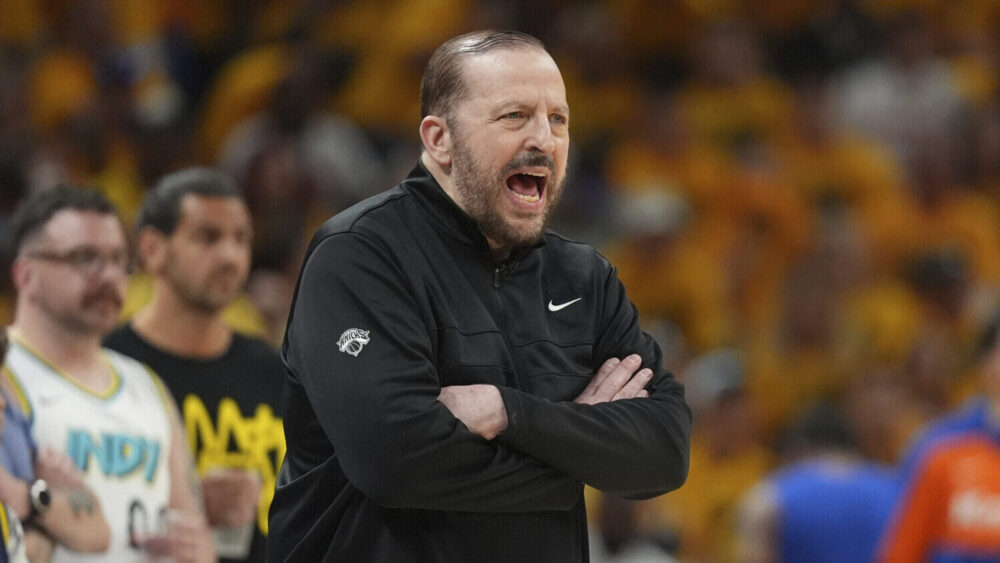 New York Knicks head coach Tom Thibodeau yells from the sideline during the first half of Game 6 of...