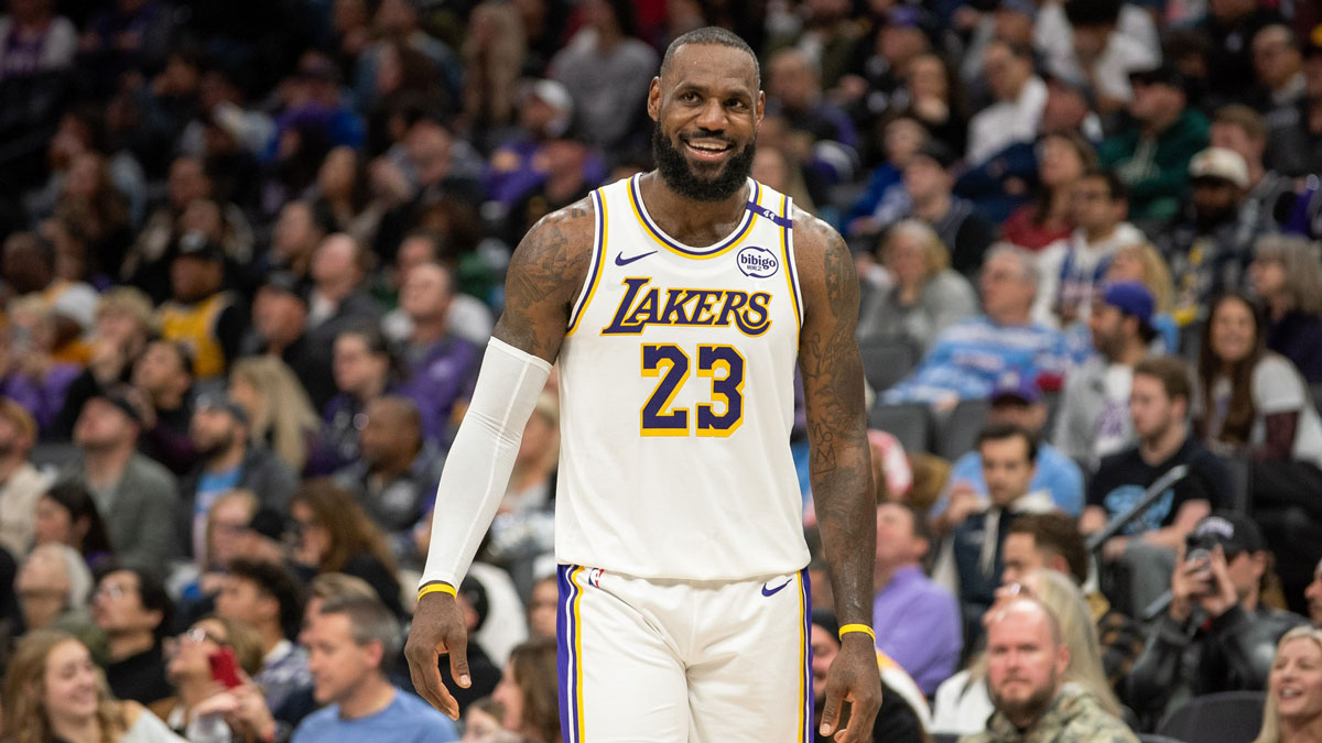Los Angeles Lakers forward LeBron James (23) smiles after his team scored against the Sacramento Kings during the fourth quarter at Golden 1 Center.