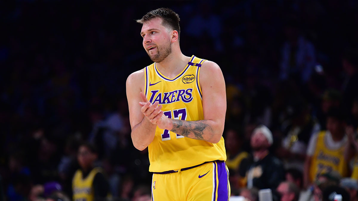 Los Angeles Lakers guard Luka Doncic (77) reacts during the second half in game five of first round for the 2025 NBA Playoffs at Crypto.com Arena.