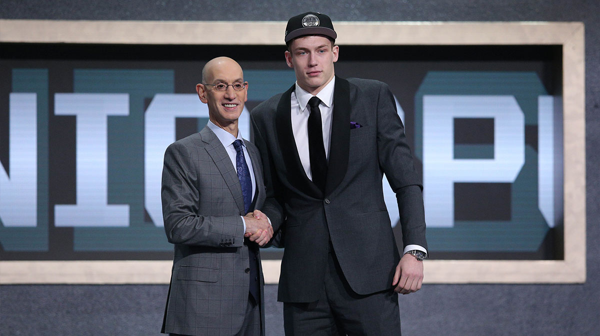 Luka Samanic (Croatia) greets NBA commissioner Adam Silver after being selected as the number nineteen overall pick to the San Antonio Spurs in the first round of the 2019 NBA Draft at Barclays Center.