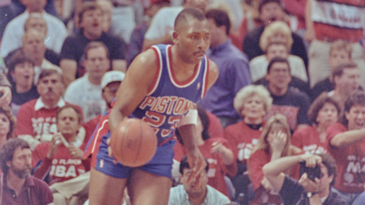 Pistons' Mark Aguirre takes the ball down the court during game five of the 1990 NBA Finals at The Memorial Coliseum.