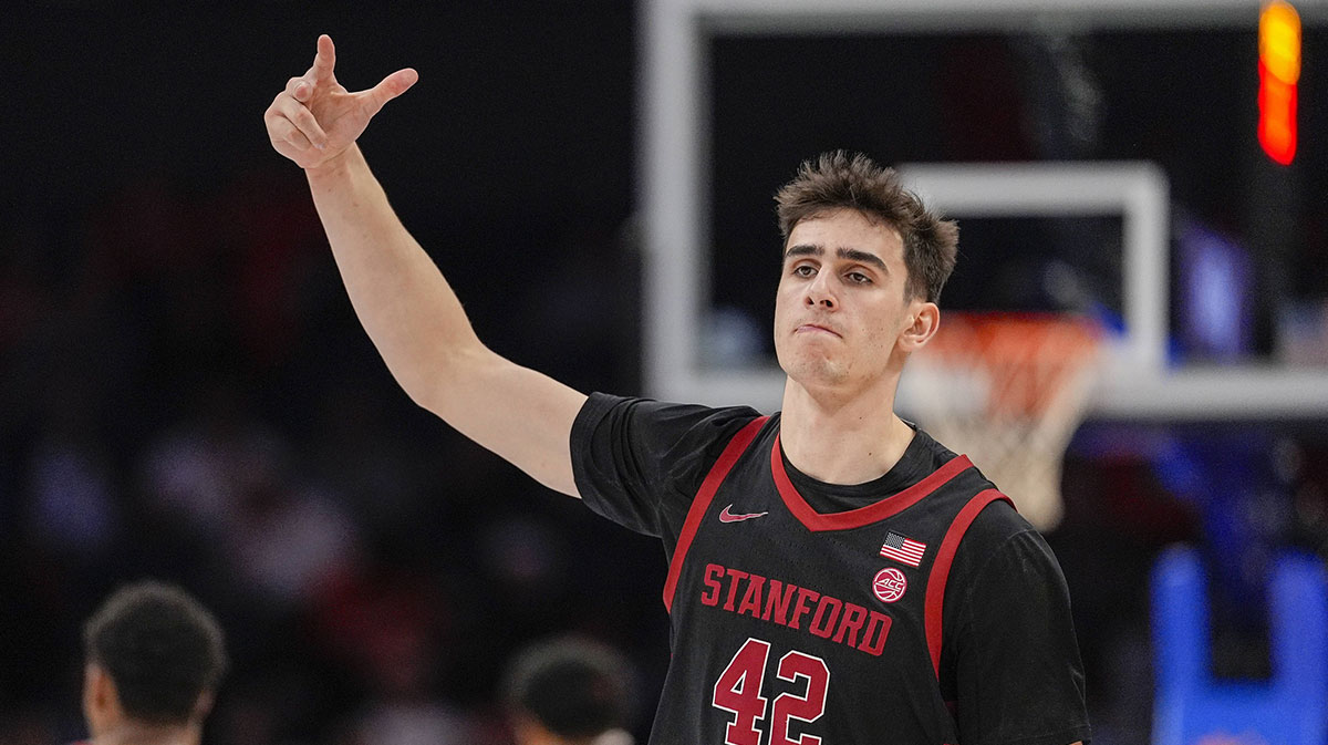 Stanford Cardinal forward Maxime Raynaud (42) after a dunk against the Louisville Cardinals during the second half at Spectrum Center.