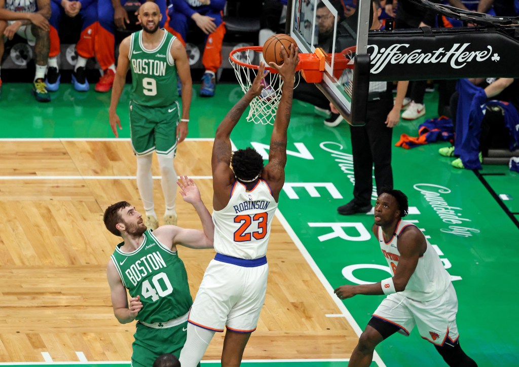 Mitchell Robinson goes up for a dunk during the Knicks' Game 2 comeback win over the Celtics. 