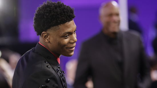 Ace Bailey reacts after being selected fifth by the Utah Jazz in the first round of the NBA draft(AP)