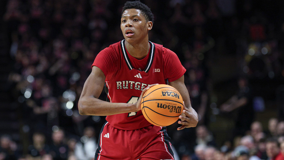 Rutgers Scarlet Knights guard Ace Bailey (4) looks to pass during the second half against the Illinois Fighting Illini at Jersey Mike's Arena.